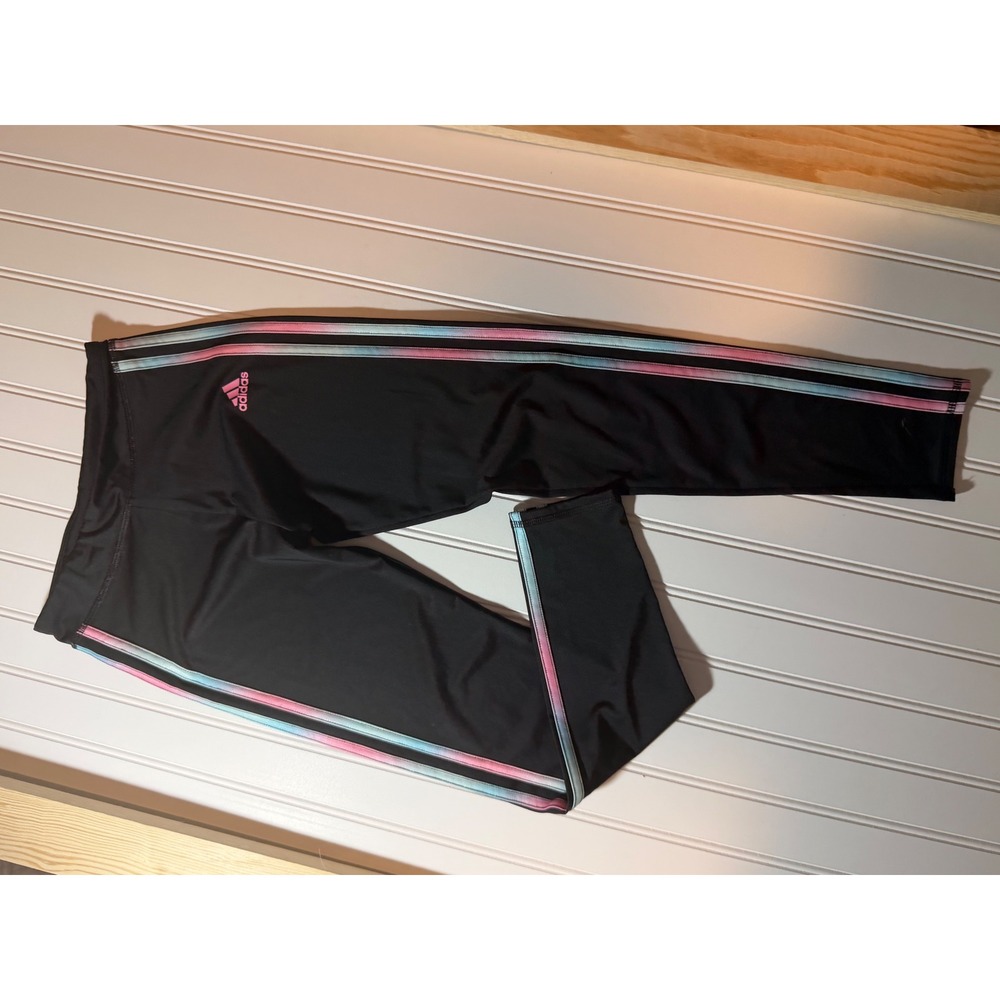 Adidas Girls Black Leggings Pastel Ombre Three Stripe Athletic Tights L 10/12